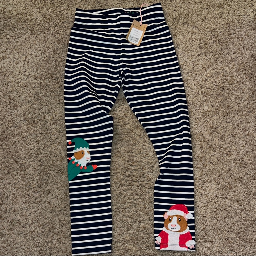 Mini Boden Appliqué  Holiday Navy and White Striped leggings
